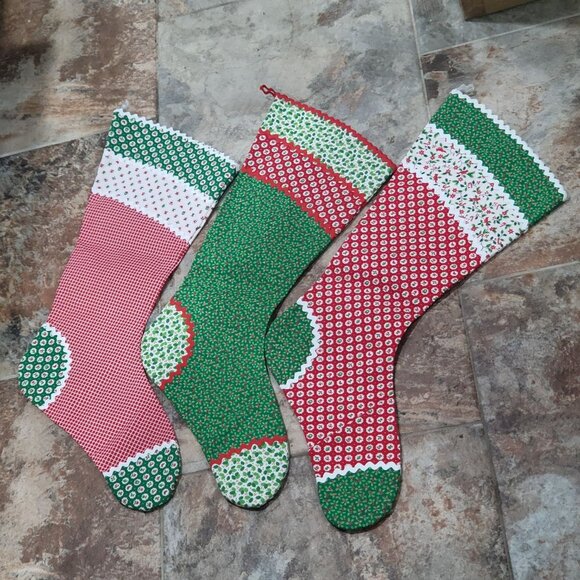 Christmas Stockings Set of 3 Cotton Fabric Festive Red White Green Patterns - Picture 1 of 10